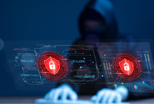 A person in a dark hoodie uses a computer with virtual screens displaying red padlock icons, symbolizing cybersecurity threats like hacking attempts or SEO poisoning.