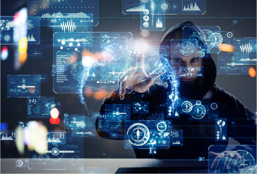 A person in a hooded sweatshirt interacts with floating digital interfaces and holographic screens, suggesting cybersecurity, hacking, SEO poisoning, or advanced technology concepts.