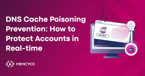 Cover image showing DNS cache poisoning attack prevention, with a phishing hook pulling a spoofed login screen and a padlock icon representing real-time account protection.