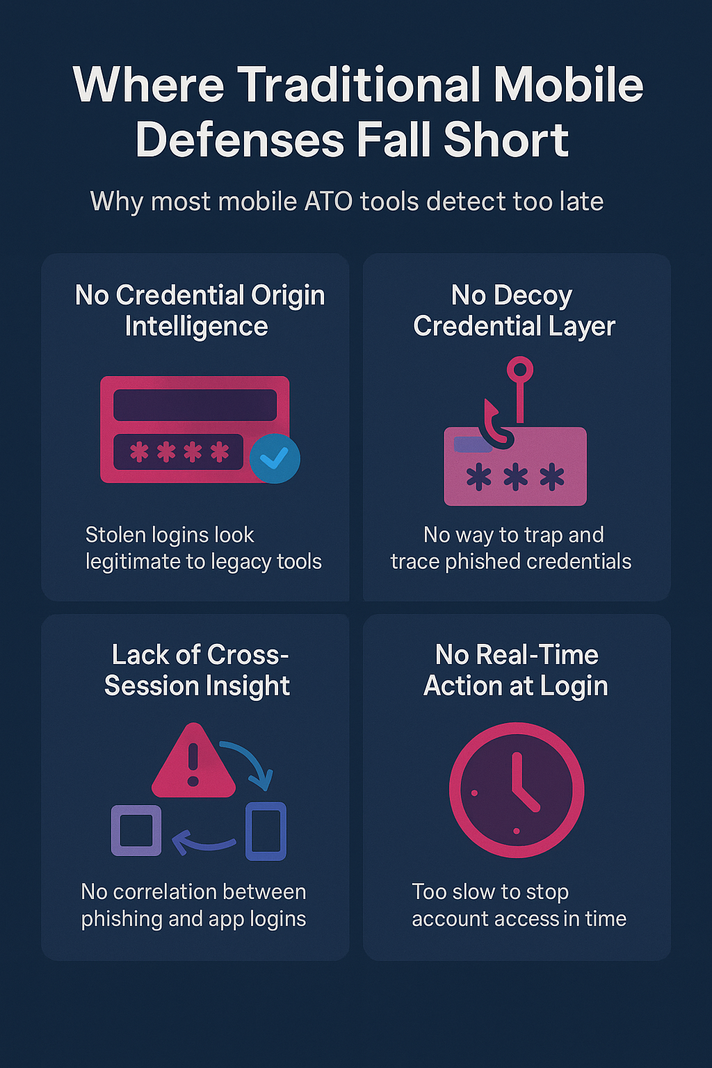 Infographic showing four reasons traditional mobile ATO defenses fail: no credential origin intelligence, no decoy credential layer, lack of cross-session insight, and no real-time action at login.